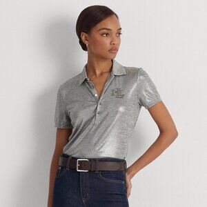 NWT Lauren Ralph Lauren Foil-Print Silver Metallic Polo Shirt